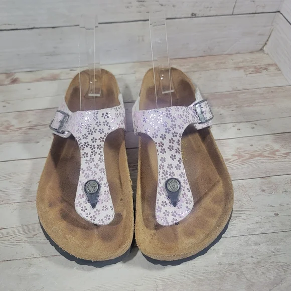 Birkenstock Papillio Lavender Metallic Floral Leather Gizeh Sandals US W 7 - Picture 3 of 12